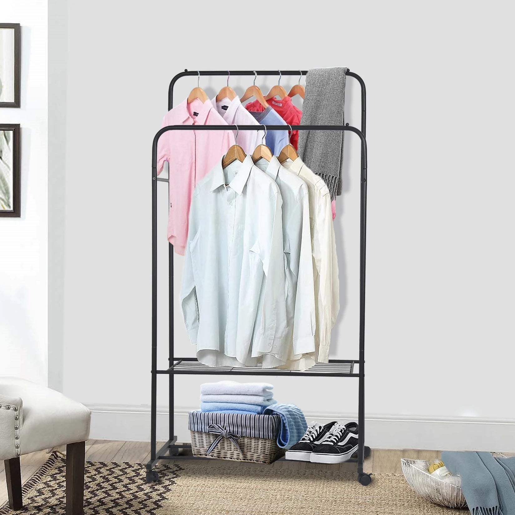 Stylish 1.5M Double Rail Clothes Rack with Wheels - Versatile Storage Solution for Home and Boutique